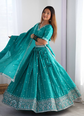 Rama Green Shimmer silk Festive and Party wear lehenga choli with sequin and thread work